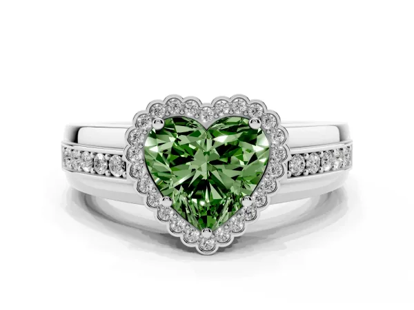 Fancy Green Heart Cut Cut Halo Pave Band Four-Prong Ring Platinum