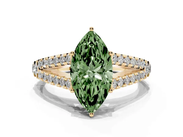 Fancy Green Marquise Cut Diamond Split Shank Engagement Ring with Round Pavé and Prong Setting Yellow gold