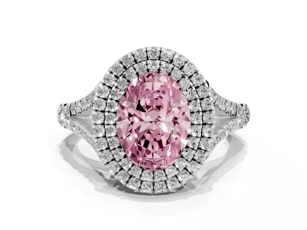 Fancy Pink Double Halo Oval Cut Diamond Split Shank Engagement Ring with Four-Prong Setting White gold