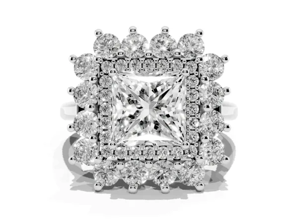 Princess Cut Diamond Floral Double Halo Engagement Ring with Prong Setting White gold