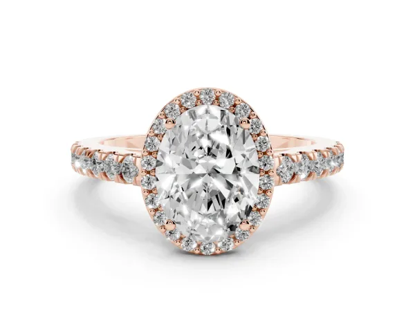 Oval Cut Cut Halo Diamond Engagement Ring with Pave Band and Four-Prong Setting Rose gold