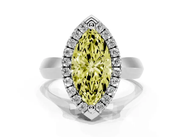 Fancy Yellow Marquise Cut Cut Halo Solitaire Engagement Ring with Square Band and Four-Prong Setting White gold