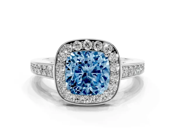 Fancy Blue Cushion Cut Halo Pavé Diamond Engagement Ring with Bezel Setting White gold
