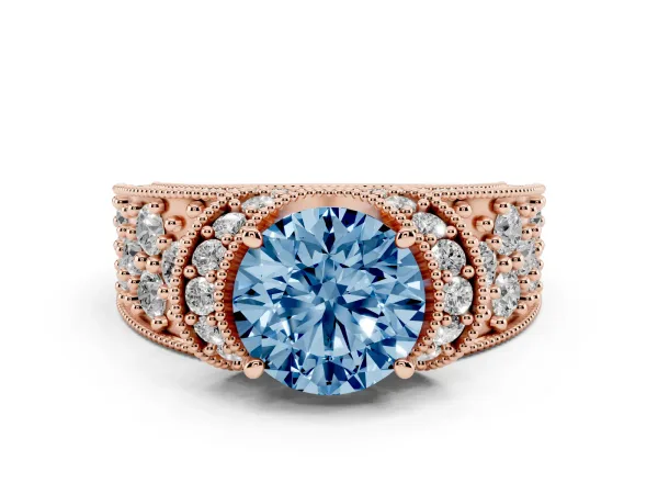 Fancy Blue Round Cut Halo Pave Diamond Engagement Ring with Milgrain Detailing Rose gold