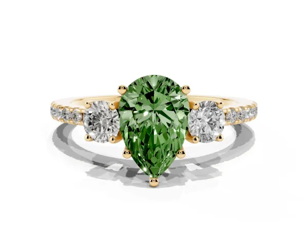 Fancy Green Three-Stone Pear Cut Cut Diamond Pavé Band with Prong Setting Yellow gold