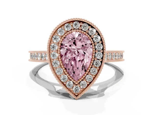 Fancy Pink Halo Pear Cut-Cut Diamond Pave Band Milgrain Prong Setting Ring Rose gold