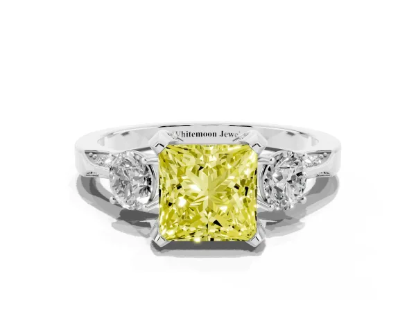 Fancy Yellow Princess Cut Brilliant Three-Stone Diamond Ring with Pavé Band and Four-Prong Setting White gold