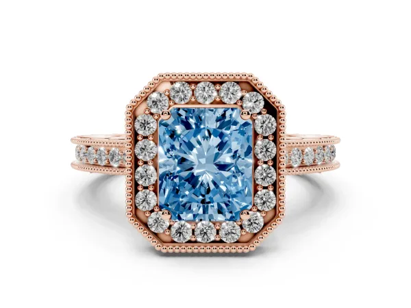 Fancy Blue Radiant Cut Diamond Milgrain Halo Engagement Ring with Round Pavé Band and Prong Setting Rose gold