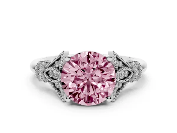 Fancy Pink Round Cut Diamond Solitaire Ring with Floral Filigree and Pave Accents Platinum