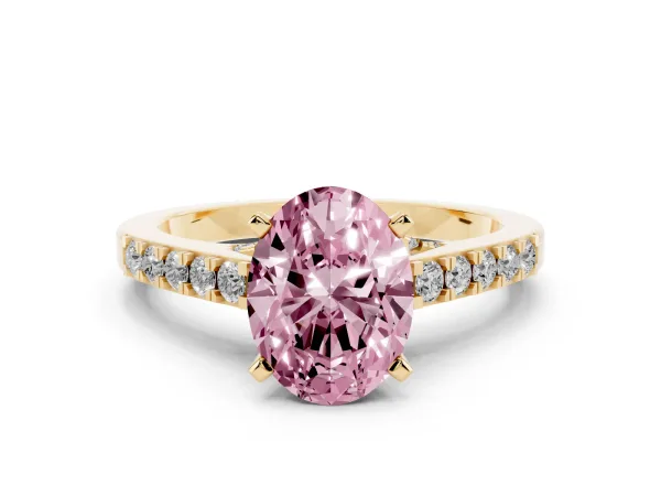Fancy Pink Oval Cut Diamond Solitaire Ring with Crossover Gallery and Round Pavé Band Yellow gold