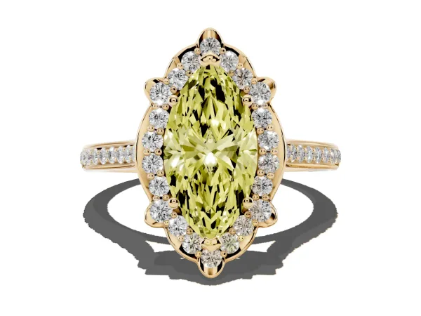 Fancy Yellow Marquise Cut Halo Round Diamond Pave Band with Four-Prong Setting Yellow gold