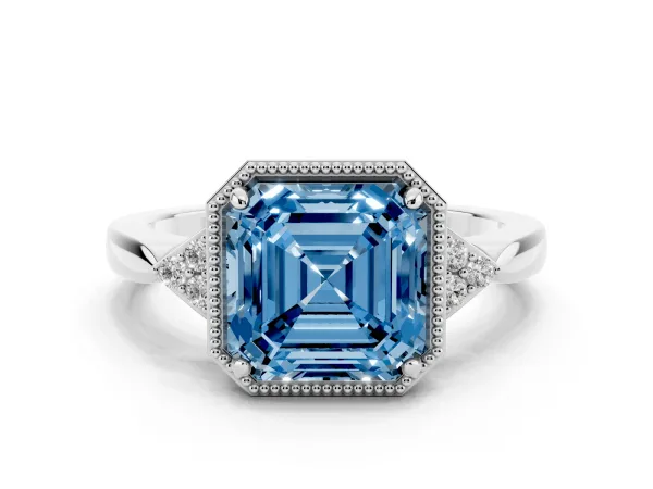 Fancy Blue Asscher Cut Diamond Halo Ring with Tapered Band and Four-Prong Setting Platinum