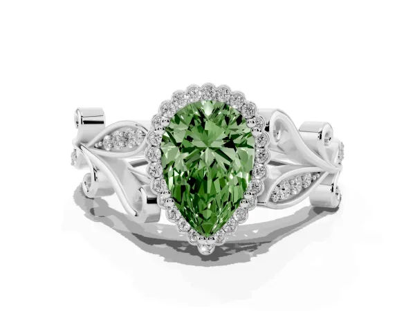 Fancy Green Pear Cut Diamond Halo Ring with Vintage Split Shank and Four-Prong Setting Platinum