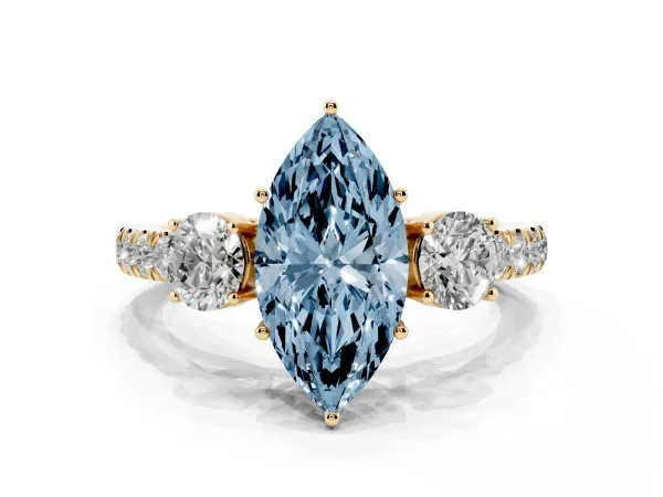Fancy Blue Marquise Cut Cut Diamond Three-Stone Ring with Round Side Stones and Pavé Band Yellow gold