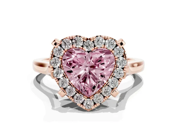 Fancy Pink Heart Cut Diamond Cluster Halo Solitaire with Four-Prong Setting Rose gold