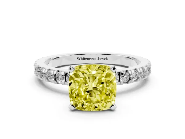 Fancy Yellow Cushion Cut Diamond Pavé Band Solitaire with Four-Prong Setting Platinum