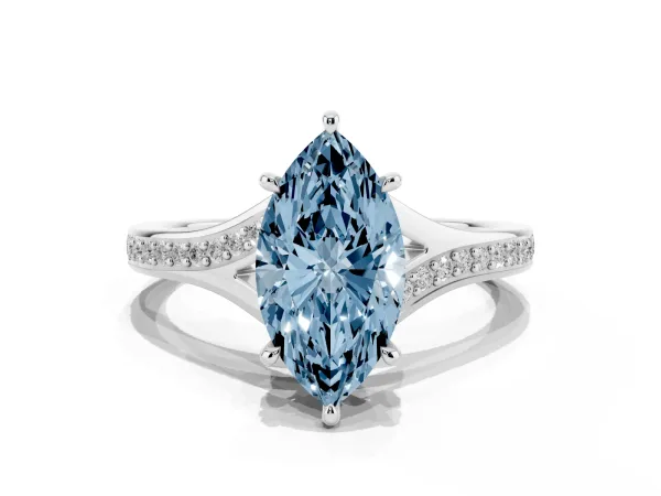 Fancy Blue Marquise Cut Diamond Solitaire Ring with Pavé Band and Prong Setting Platinum