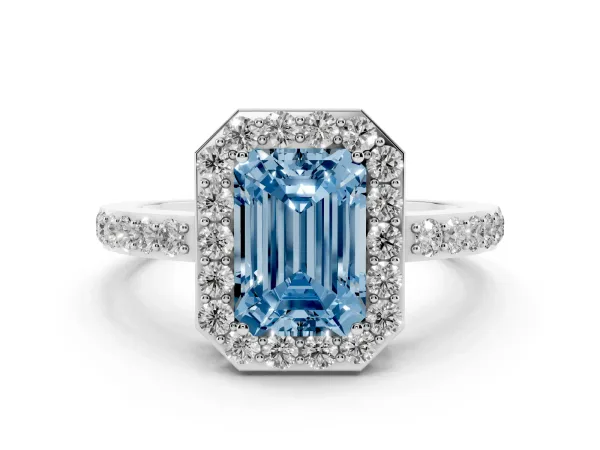 Fancy Blue Emerald Cut Halo Diamond Pavé Band Ring with Prong Setting Platinum