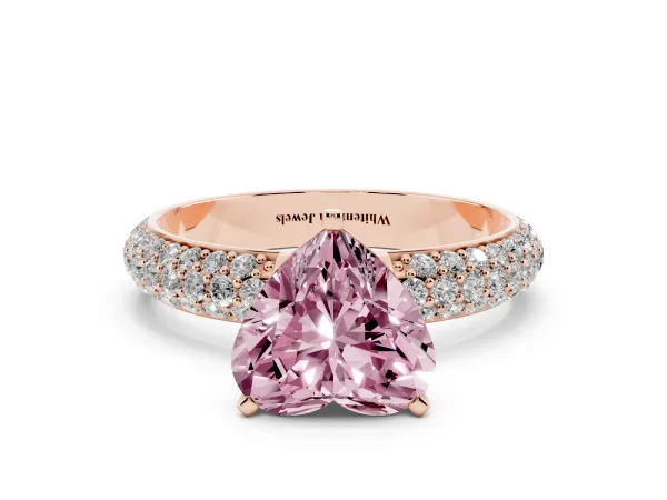 Fancy Pink Heart Cut Diamond Solitaire Ring with Prong Setting and Pavé Band Rose gold