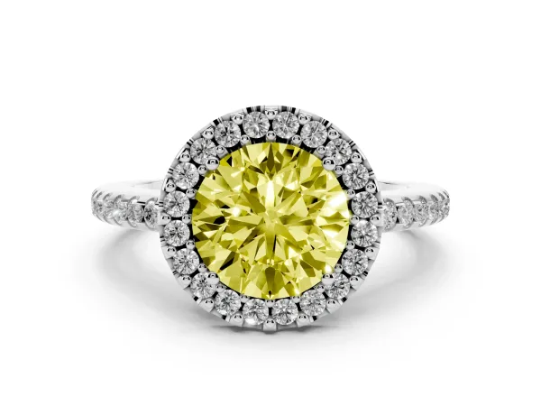 Fancy Yellow Round Cut Diamond Pavé Halo Ring with Four-Prong Setting White gold