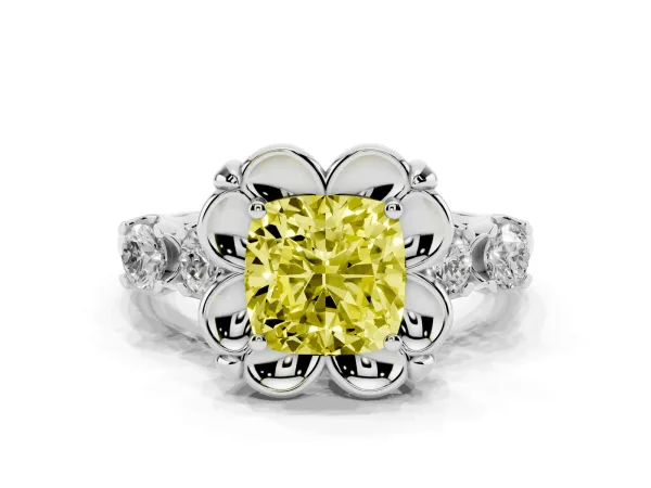 Fancy Yellow Cushion Cut Cut Diamond Floral Halo Engagement Ring with Shared Prong Setting Platinum