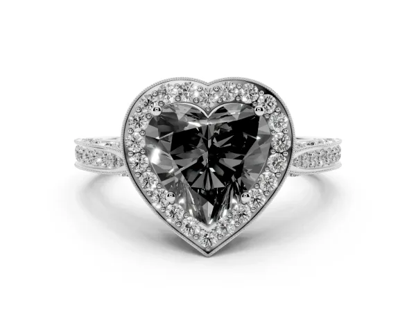Fancy Black Heart Cut Halo Diamond Engagement Ring with Split Shank Band and Four-Prong Setting Platinum