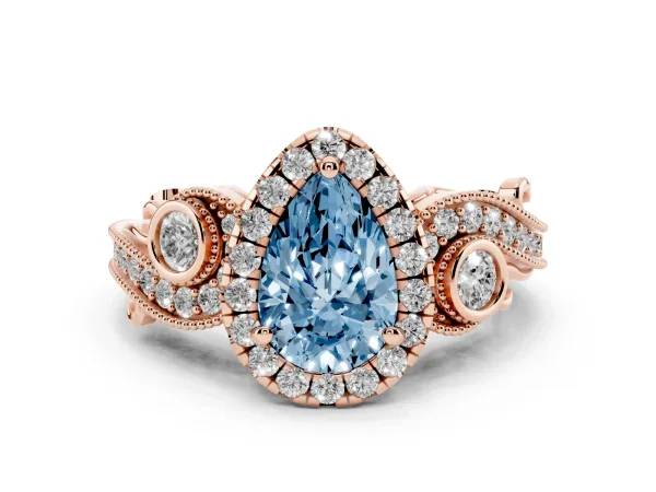 Fancy Blue Pear Cut Halo Diamond Ring with Milgrain and Bezel Accents on a Split Shank Band Rose gold