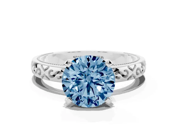 Fancy Blue Round Cut Solitaire Engagement Ring with Scrollwork Band and Four-Prong Setting White gold