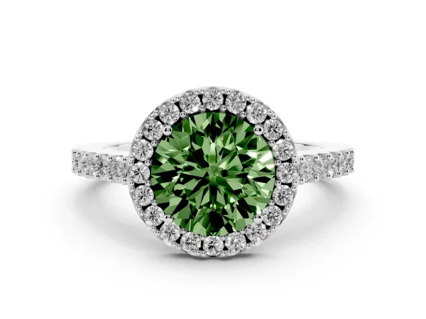 Fancy Green Round Cut Halo Diamond Pavé Solitaire Ring White gold