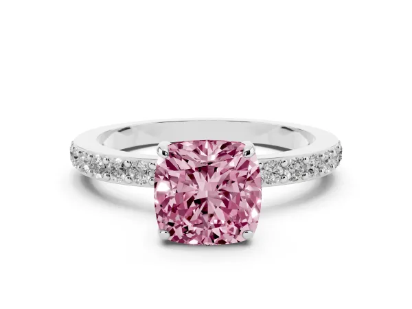 Fancy Pink Cushion Cut Diamond Solitaire Engagement Ring with Pavé Band and Four-Prong Setting Platinum