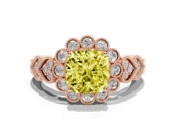Fancy Yellow Cushion Cut Brilliant Milgrain Pave Heart Band Solitaire Ring Rose gold