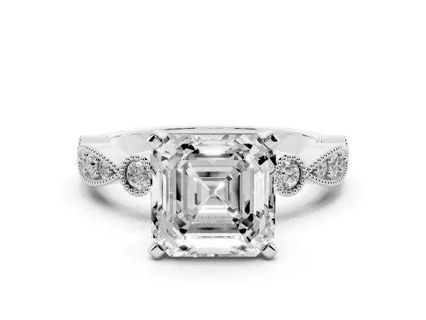 Asscher Cut Milgrain Bezel Diamond Engagement Ring with Solitaire Prong Setting Platinum