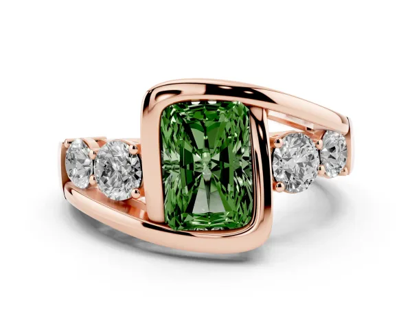 Fancy Green Bezel Set Radiant Cut Diamond Bypass Ring with Round Accents Rose gold