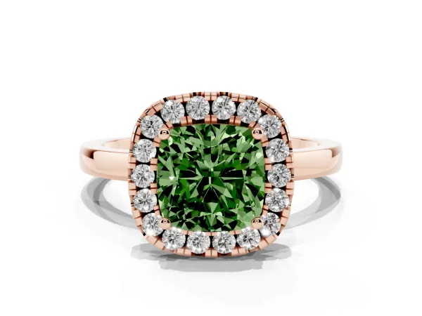 Fancy Green Cushion Cut Halo Diamond Solitaire with Pavé Band and Four-Prong Setting Rose gold