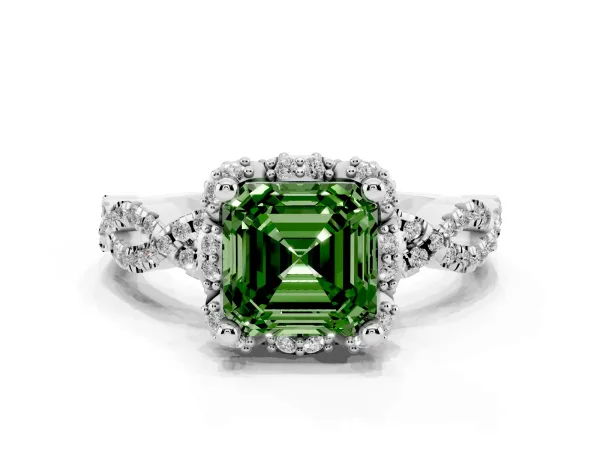 Fancy Green Asscher Cut Halo Twist Band Solitaire Ring with Six-Prong Setting Platinum