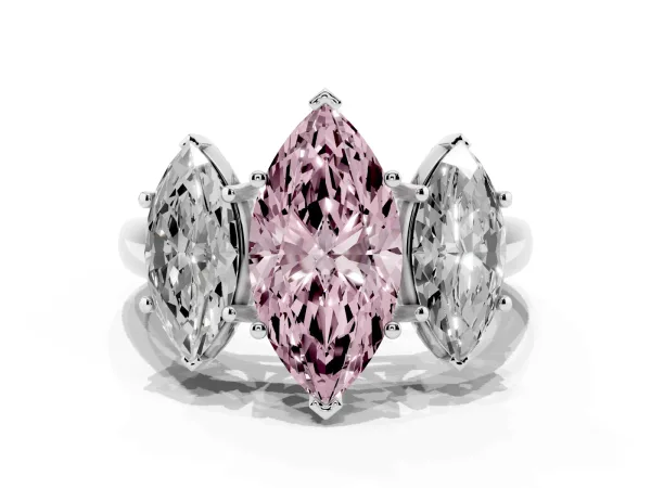 Fancy Pink Three-Stone Marquise Cut Diamond Engagement Ring with Prong Setting Platinum