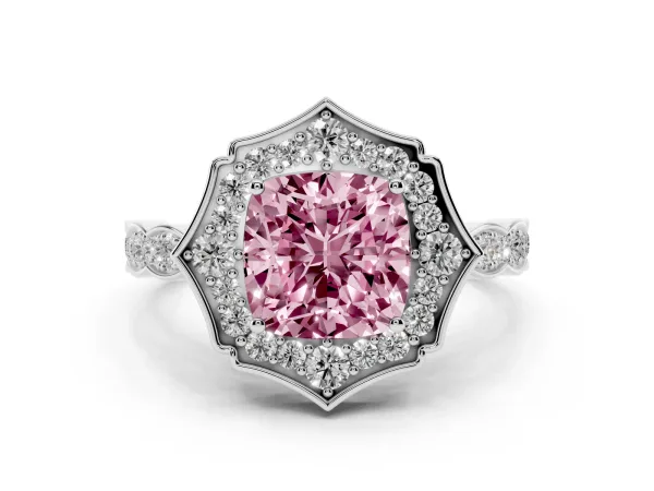 Fancy Pink Cushion Cut Halo Diamond Engagement Ring with Milgrain Band and Four-Prong Setting White gold