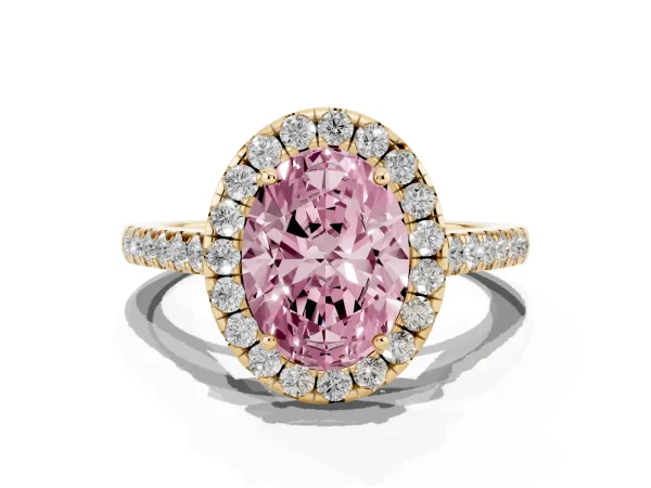 Fancy Pink Oval Cut Halo Pave Diamond Engagement Ring with Four-Prong Setting Yellow gold