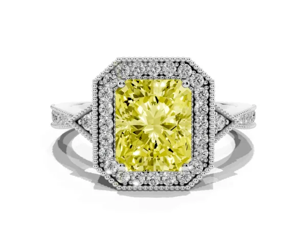 Fancy Yellow Radiant Cut Halo Round Diamond Milgrain Pave Engagement Ring Platinum