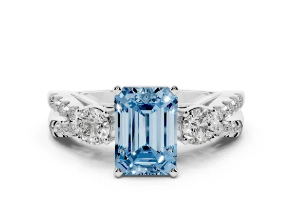 Fancy Blue Emerald Cut Diamond Three-Stone Ring with Pavé Split Shank and Four-Prong Setting White gold