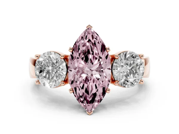 Fancy Pink Three-Stone Marquise Cut Diamond Ring with Round Side Stones, Classic Band, and Four-Prong Setting Rose gold