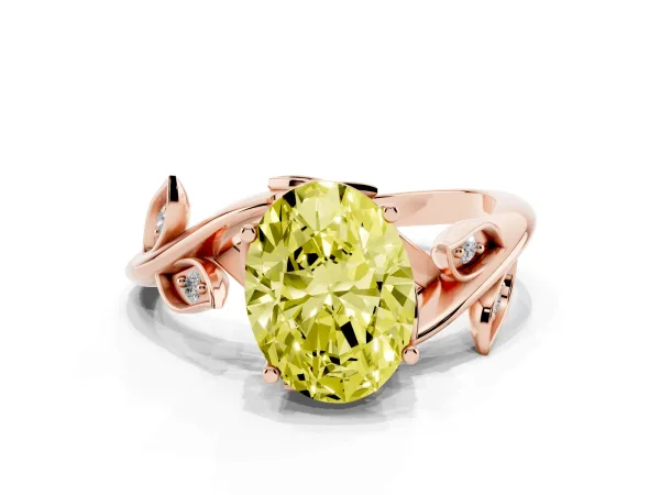 Fancy Yellow Oval Cut Solitaire Twist Engagement Ring with Leaf Accents and Prong Setting Rose gold