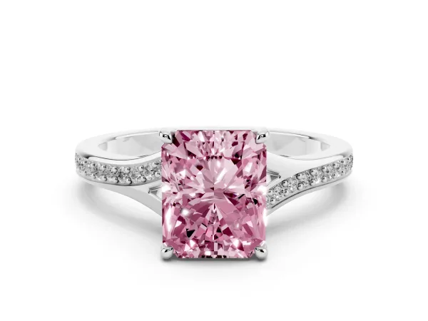 Fancy Pink Radiant Cut Diamond Solitaire Ring with Pavé Band and Prong Setting White gold