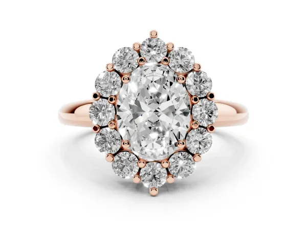 Oval Cut Halo Cluster Diamond Engagement Ring with Prong Setting and Polished Band Rose gold