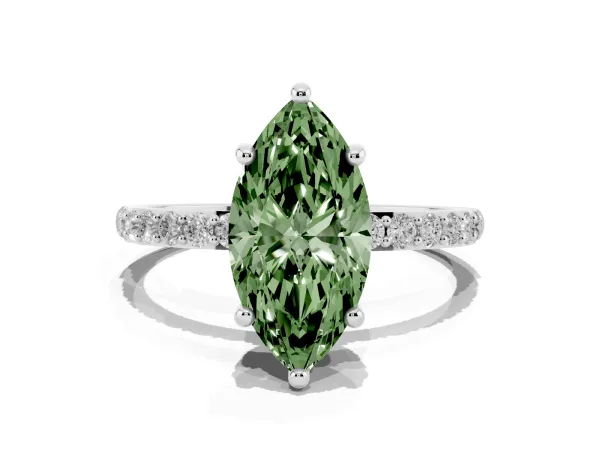 Fancy Green Marquise Cut Diamond Solitaire Ring with Round Pavé Band and Prong Setting Platinum