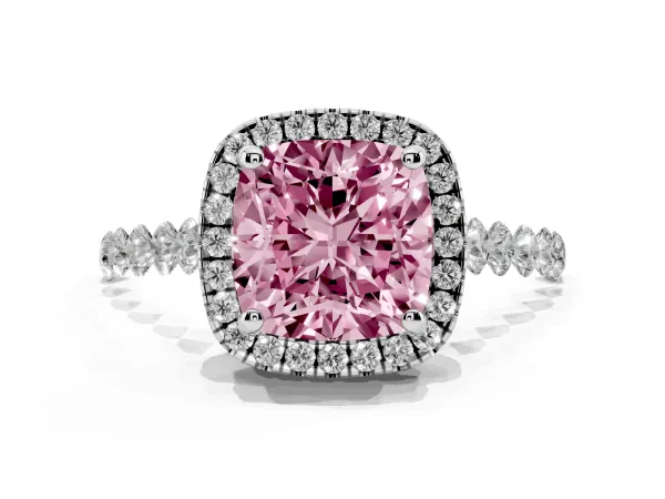 Fancy Pink Cushion Cut Halo Pavé Diamond Engagement Ring with Four-Prong Setting Platinum