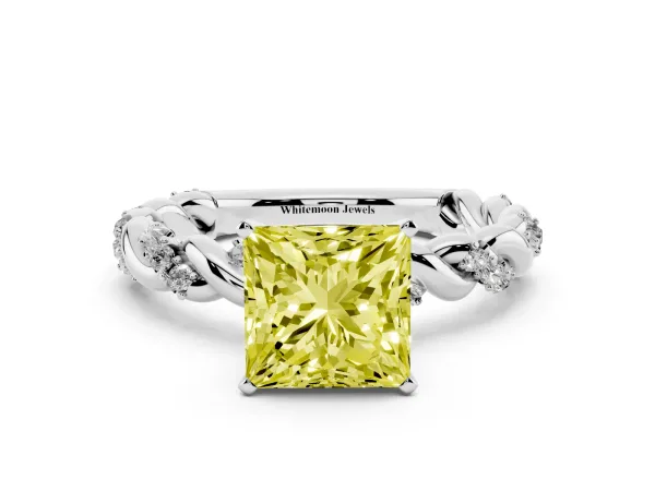 Fancy Yellow Princess Cut Diamond Solitaire Ring with Twisted Band and Pavé Accents Platinum
