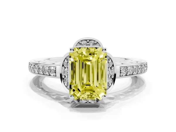 Fancy Yellow Emerald Cut Cut Halo Diamond Ring with Channel Set Band and Four-Prong Setting White gold