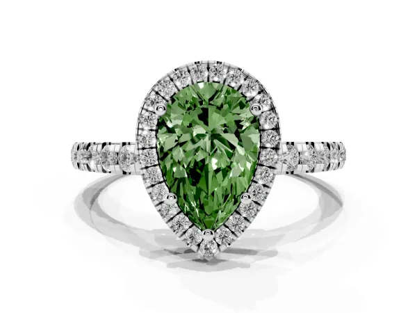 Fancy Green Pear Cut Diamond Halo Ring with Pavé Band and Four-Prong Setting Platinum