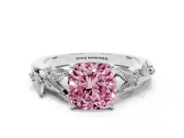 Fancy Pink Cushion Cut Diamond Solitaire Ring with Leaf Motif Band and Four-Prong Setting White gold
